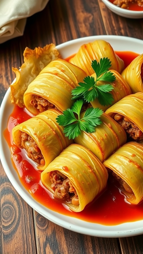 Easy Whole30 Lazy Cabbage Rolls Recipe A plate of lazy cabbage rolls in tomato sauce, garnished with parsley, on a rustic wooden table.